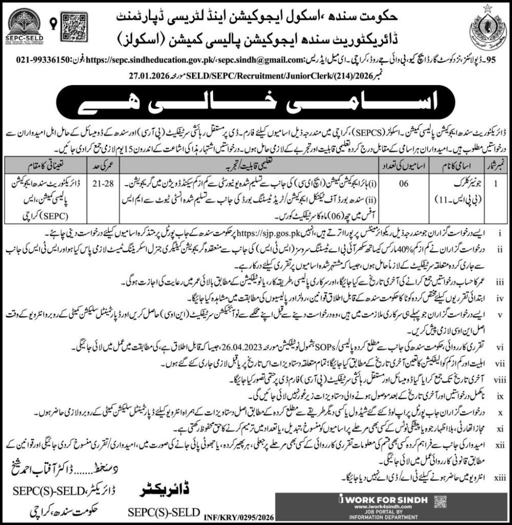 Directorate Sindh Education Policy Commission School  Jobs 2026 Apply Now 