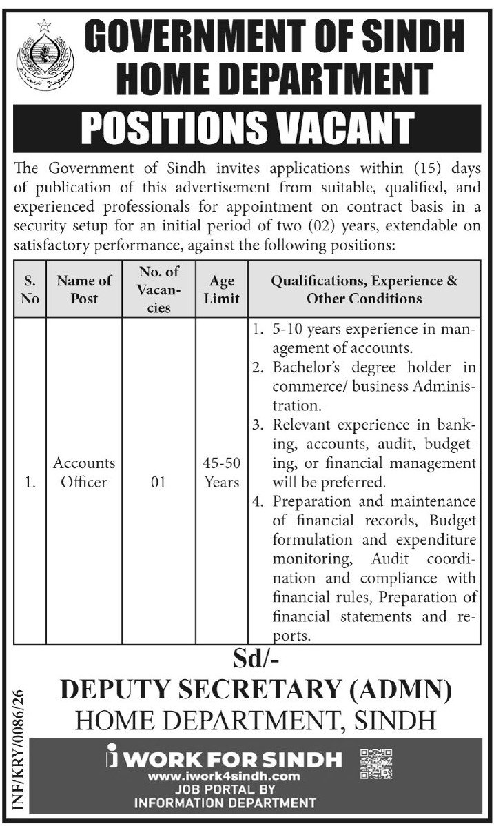 Home Department Sindh Jobs 2026 For Accounts Officer