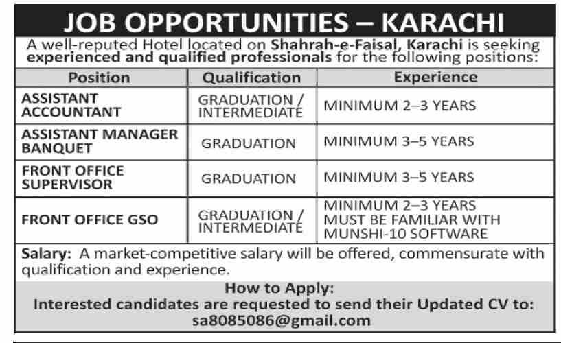 Hotel Jobs in Karachi 2026 Multiple Vacancies