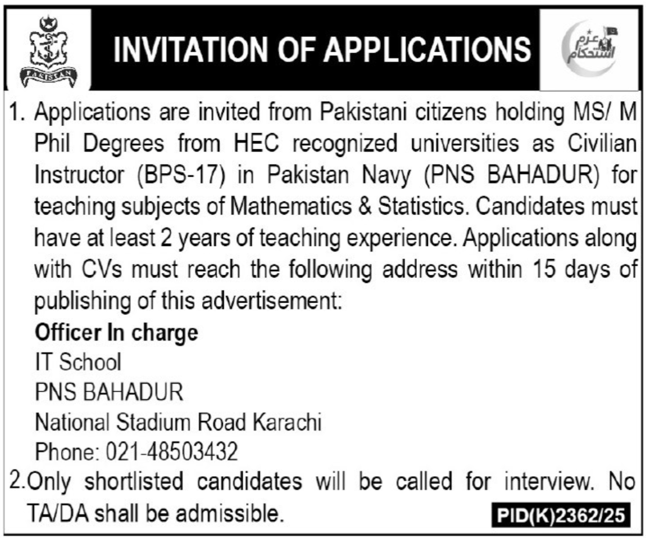 Job Opportunities At Pakistan Navy 2026