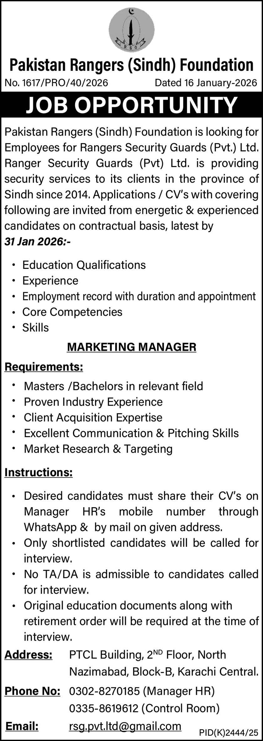 Job Vacancies At Pakistan Rangers 2026