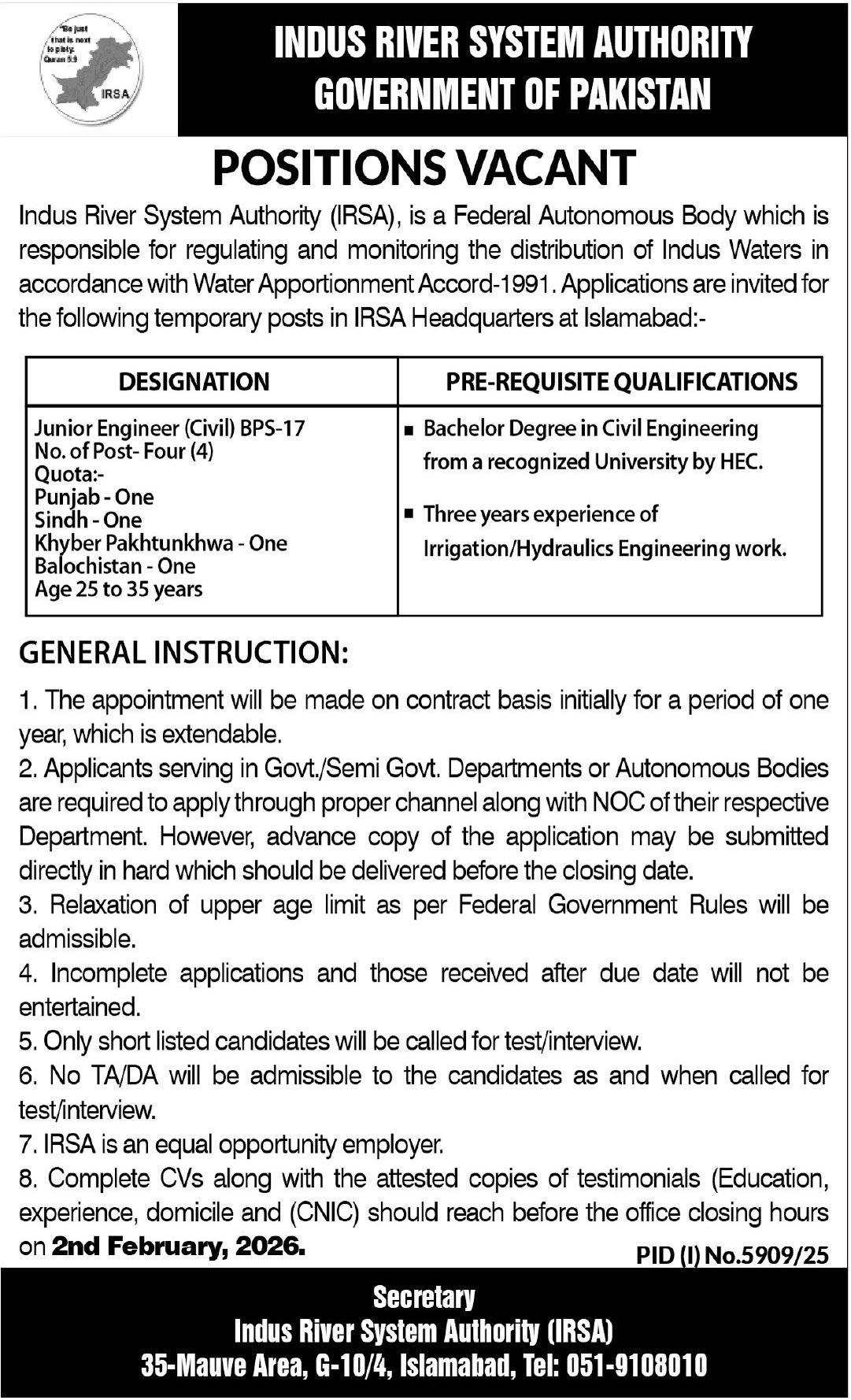 Latest Indus River System Authority IRSA Jobs 2026