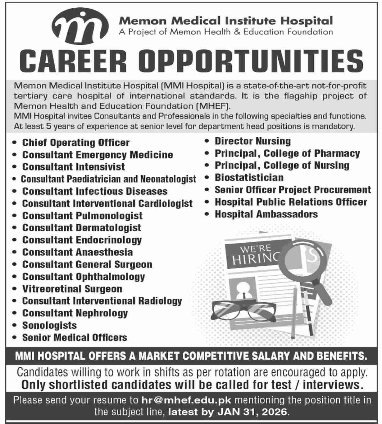 Current Job Openings at Memon Medical Institute of Hospital