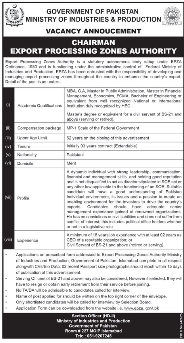 Ministry Of Industries And Production Jobs 2026