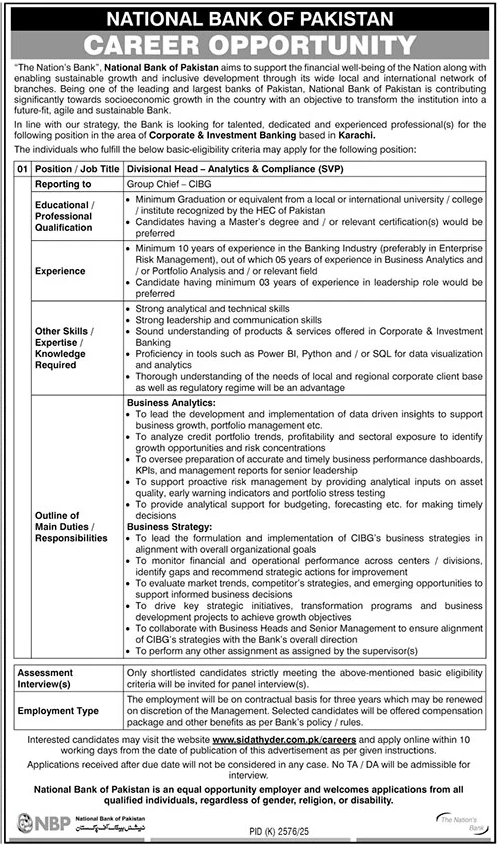 National Bank Of Pakistan NBP Jobs at Sindh 2026