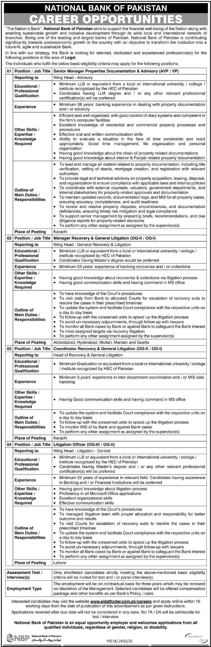 National Bank Of Pakistan NBP Sindh Jobs 2026