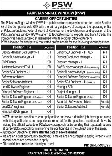 PSW Pakistan Single Window Karachi Jobs 2026