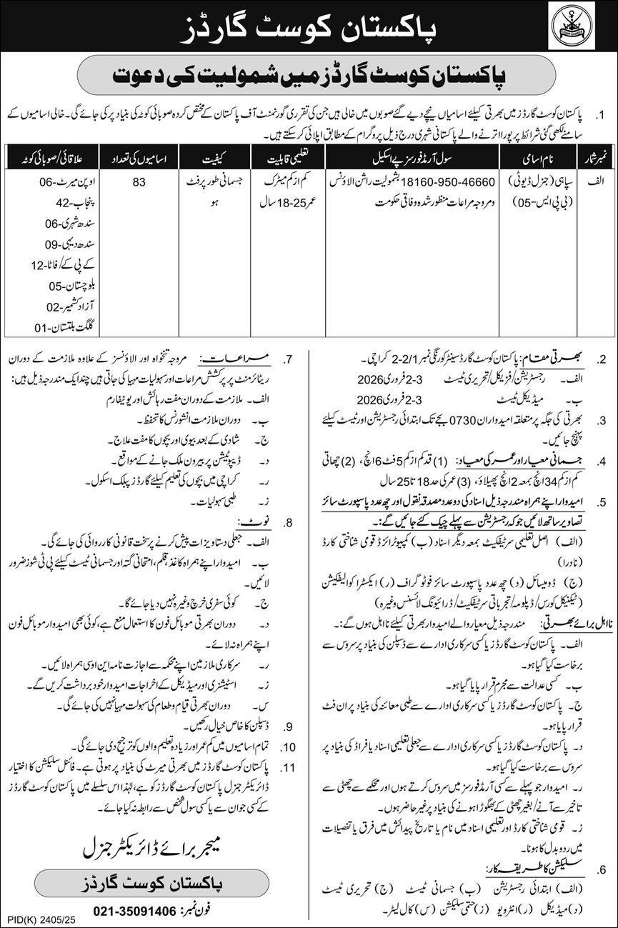Pakistan Coast Guards Sepoy Jobs 2026
