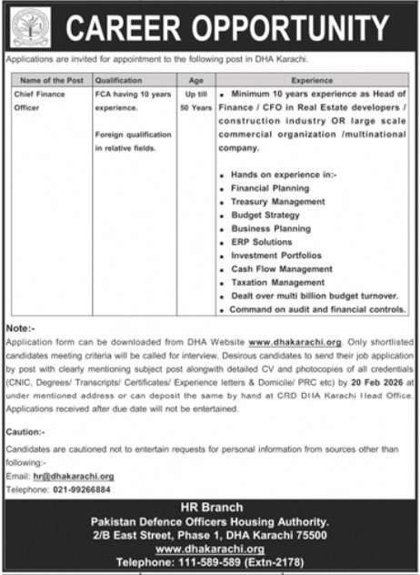 Pakistan Defence Officers Housing Authority Jobs in Karachi 2026
