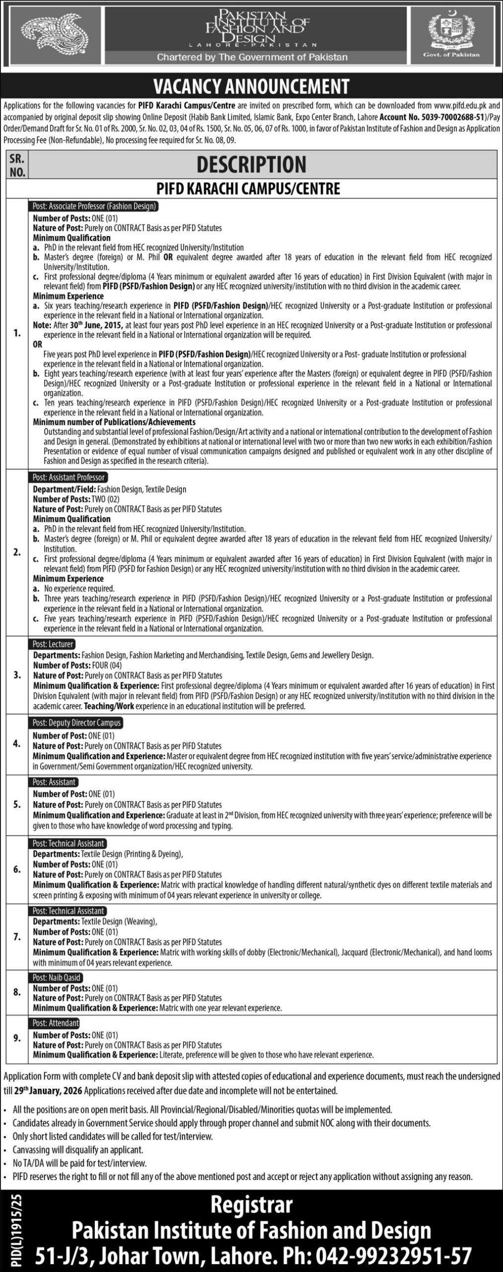 Pakistan Institute Of Fashion and Design PIFD Sindh Jobs 2026