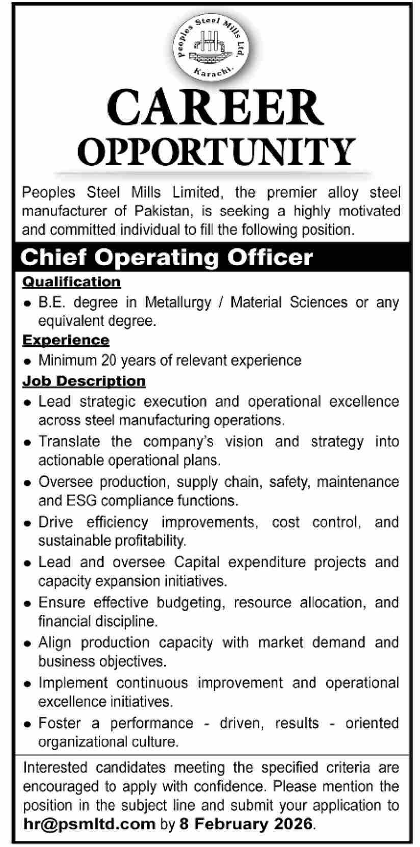 Peoples Steel Mills Limited Jobs in Dawn Epaper