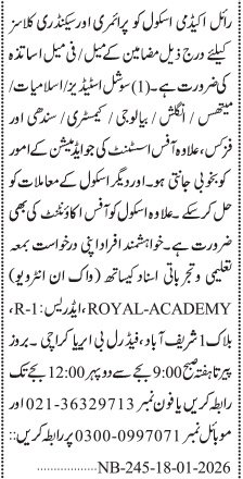 Royal Academy School Sindh Jobs 2026 For Teachers