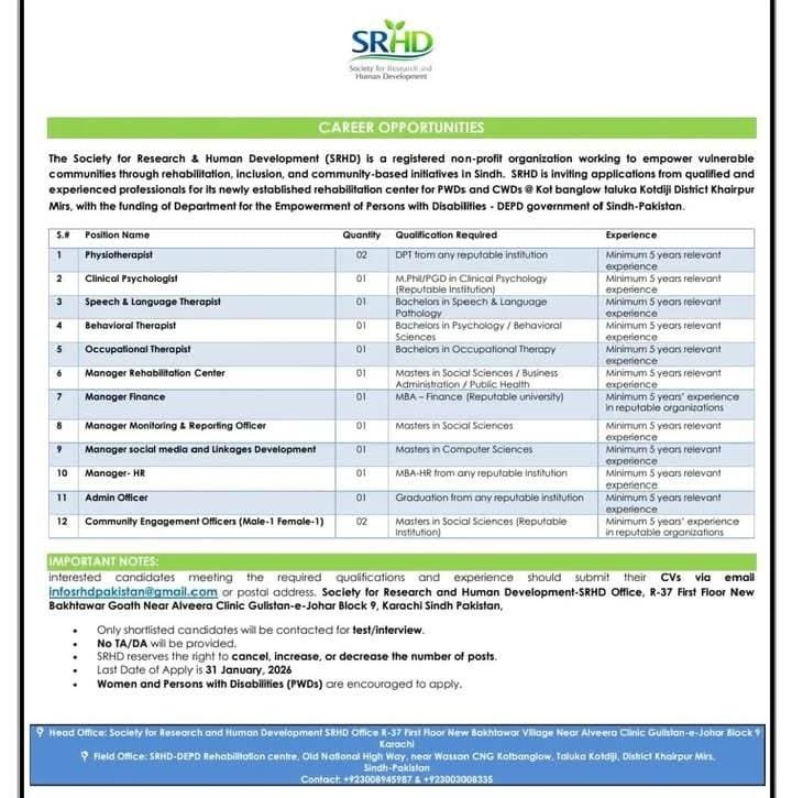 Society For Research Human Development SRHD NGO Jobs