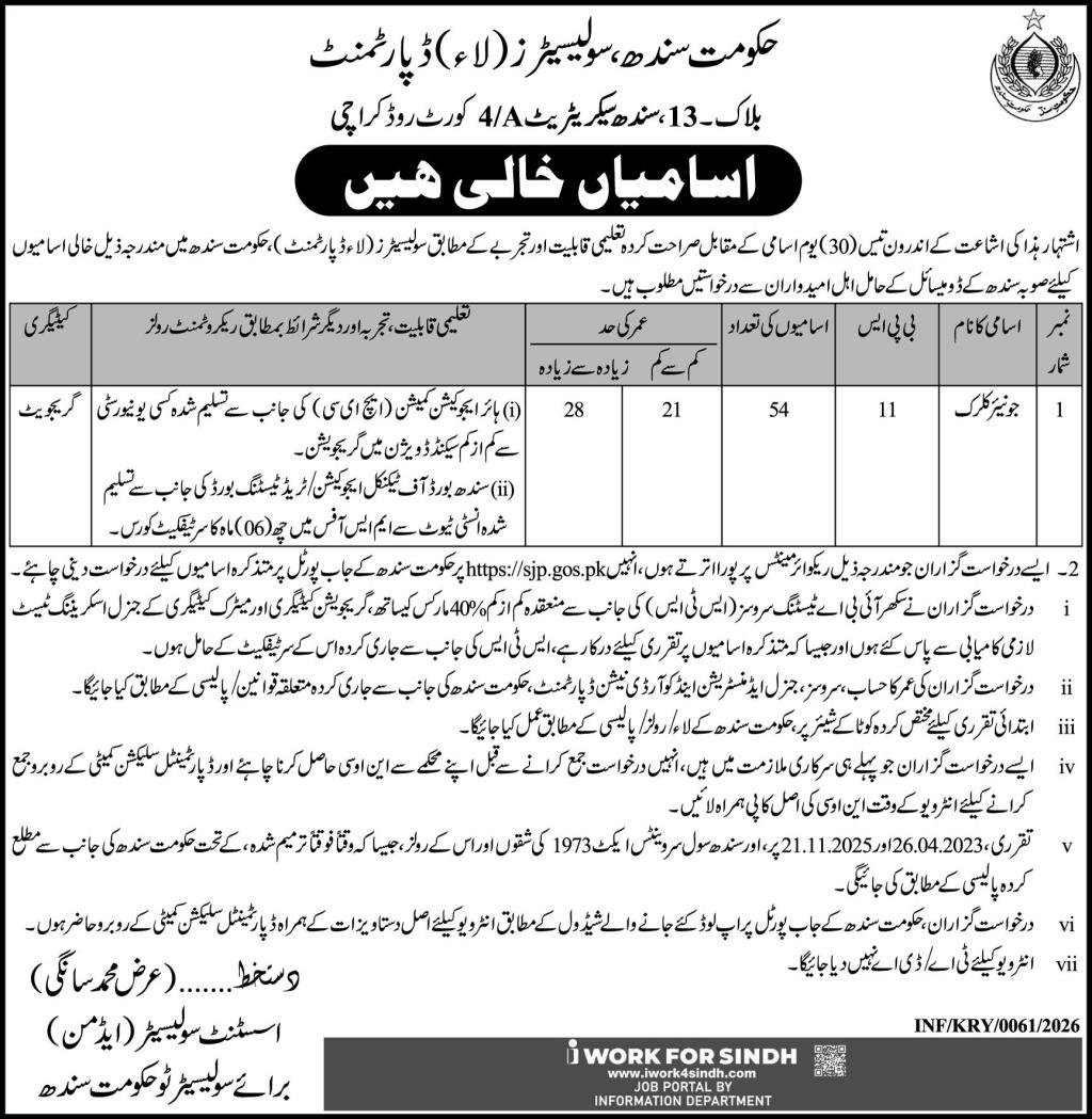 Solicitor Law Department Sindh Junior Clerk Jobs 2026