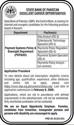 State Bank Of Pakistan SBP Karachi Jobs 2026