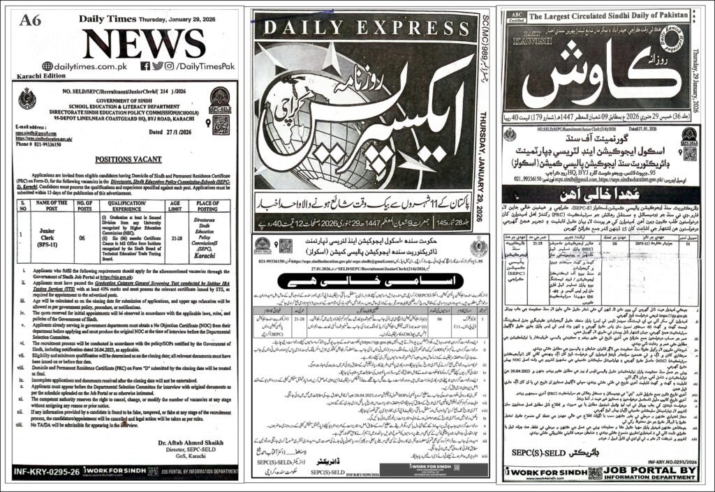 BPS-11 Junior Clerk Must- Apply Now