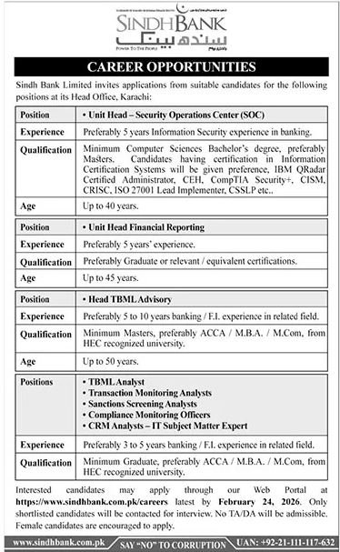Career Opportunities at Sindh Bank Limited SBL