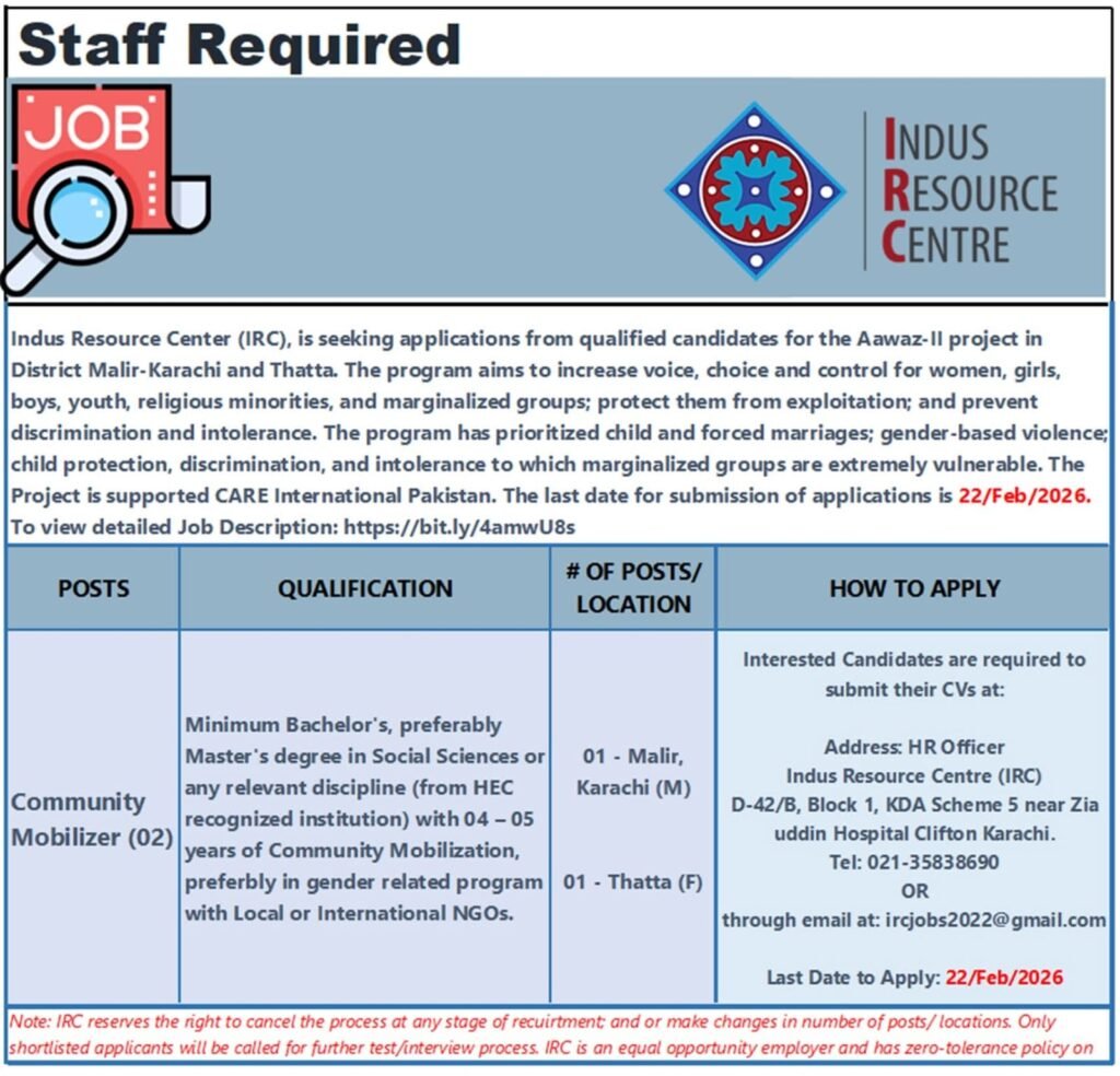 Jobs at Indus Resource Center IRC NGO In Sindh 1 Jobs at Indus Resource Center IRC NGO In Sindh