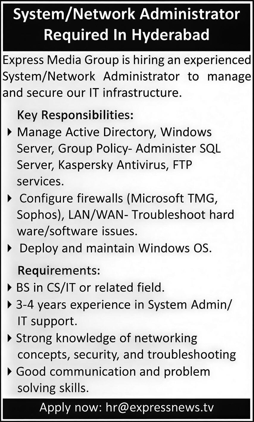 Jobs at System And Network Administrator Hyderabad