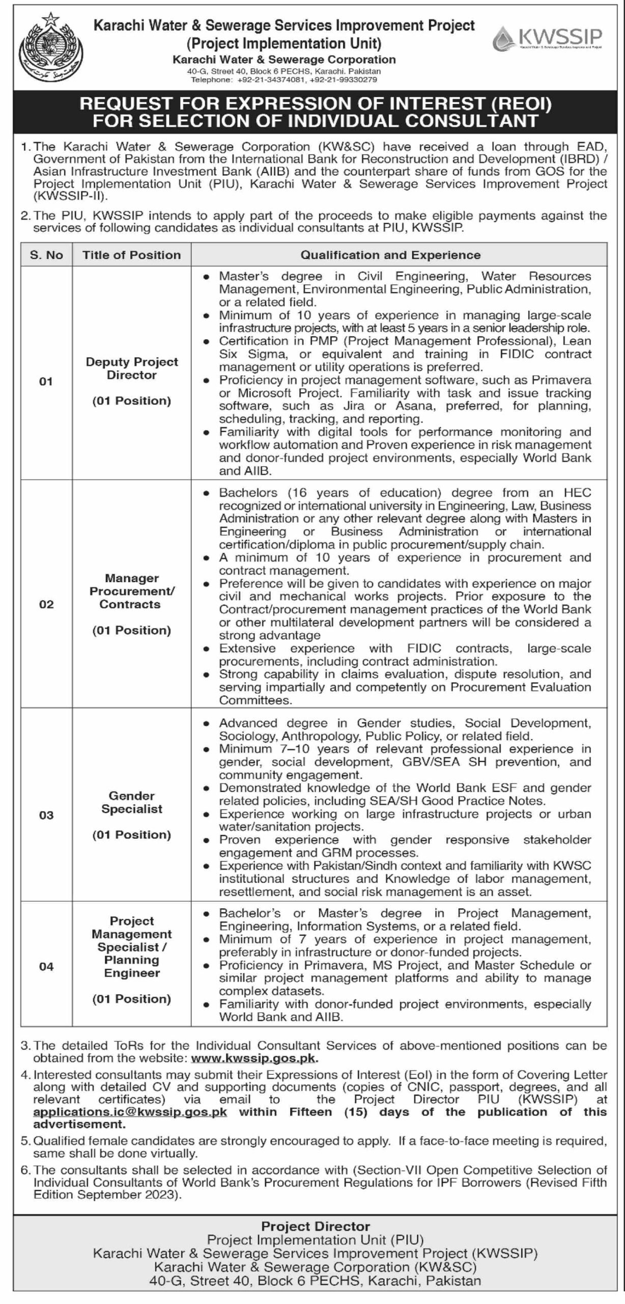 Karachi Water and Sewerage Services Improvement KWSSIP Jobs
