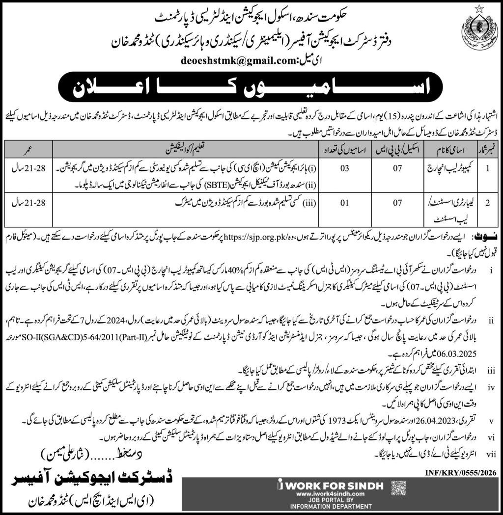 Latest School Education Department Tando Muhammad Khan Jobs 2026