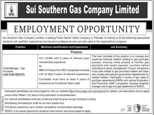 Opportunities of Jobs at Sui Gas Company Limited SSGC