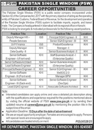 Pakistan Single Window PSW Karachi Jobs in 2026