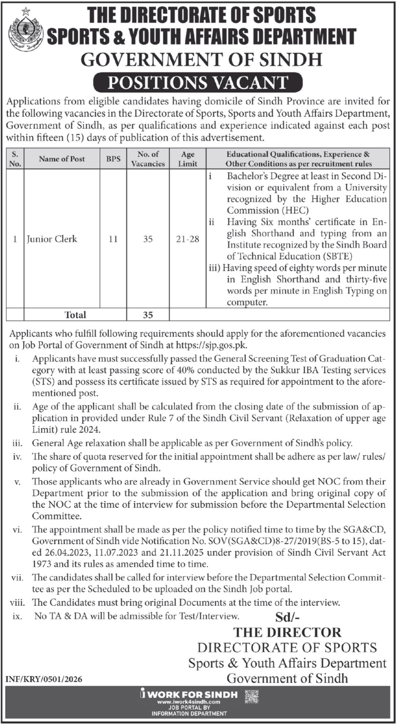 Sports And Youth Affairs Department Sindh SJP Jobs 2026