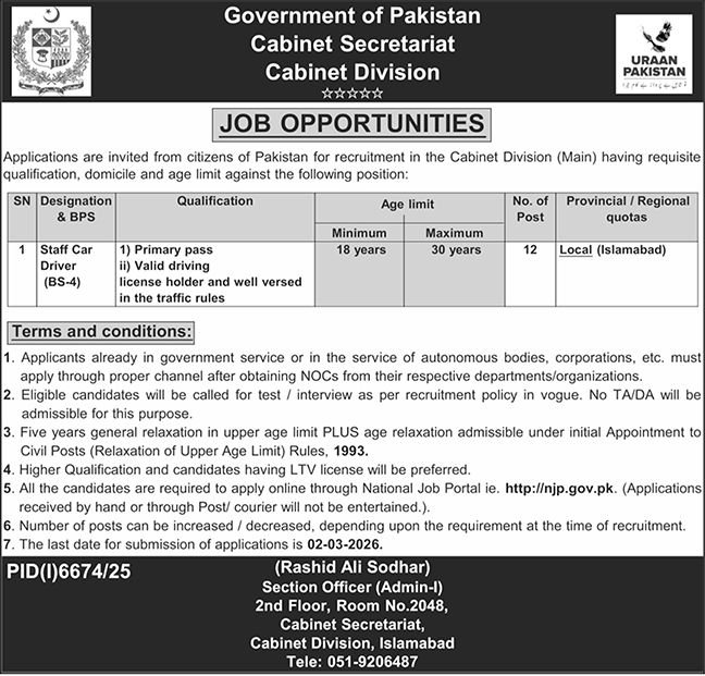 Today Cabinet Division Pakistan Jobs 2026