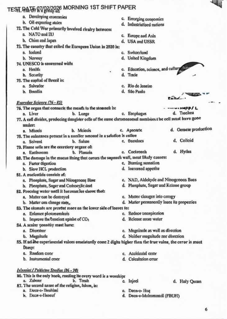 IBA STS Intermediate Category Test Unofficial Answer Key 1st Shift Paper (07 February 2026)