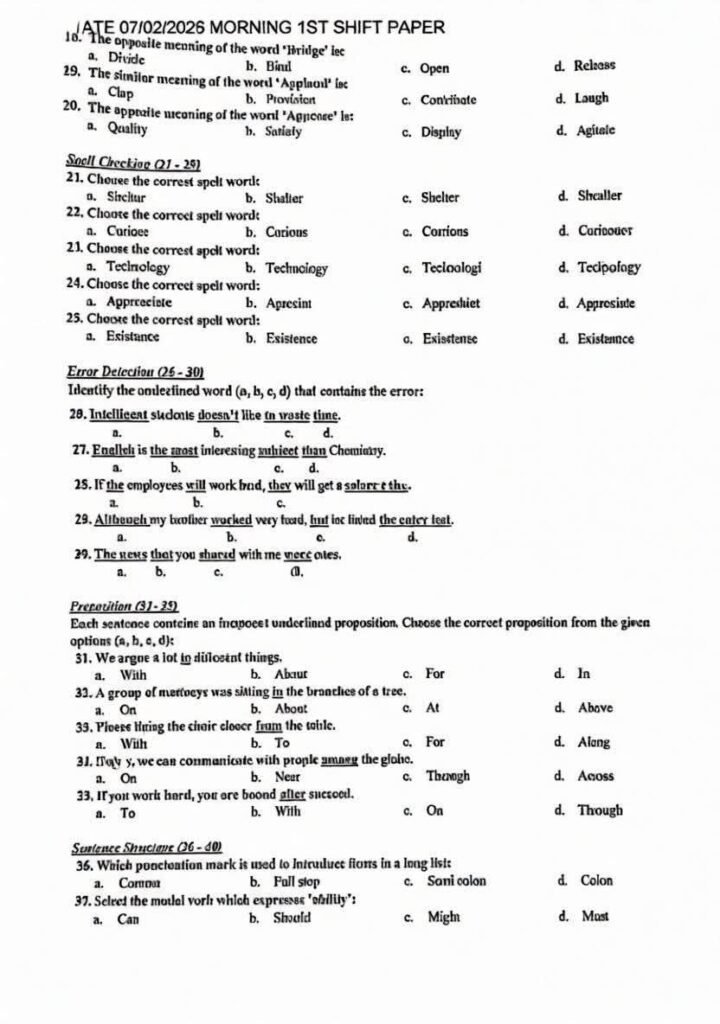 IBA STS Intermediate Category Test Unofficial Answer Key 1st Shift Paper (07 February 2026)