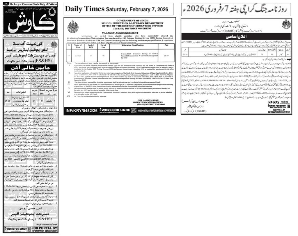 BPS-11 Cashier Umerkot: jobs 2026 Apply Now