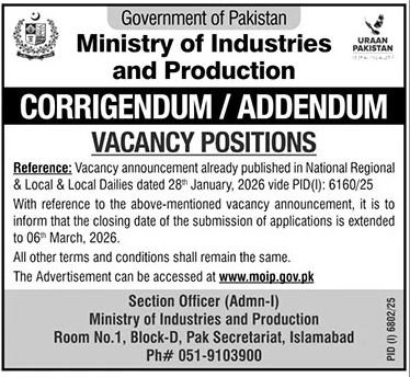 Ministry Of Industries & Production MOIP Islamabad Jobs 2026