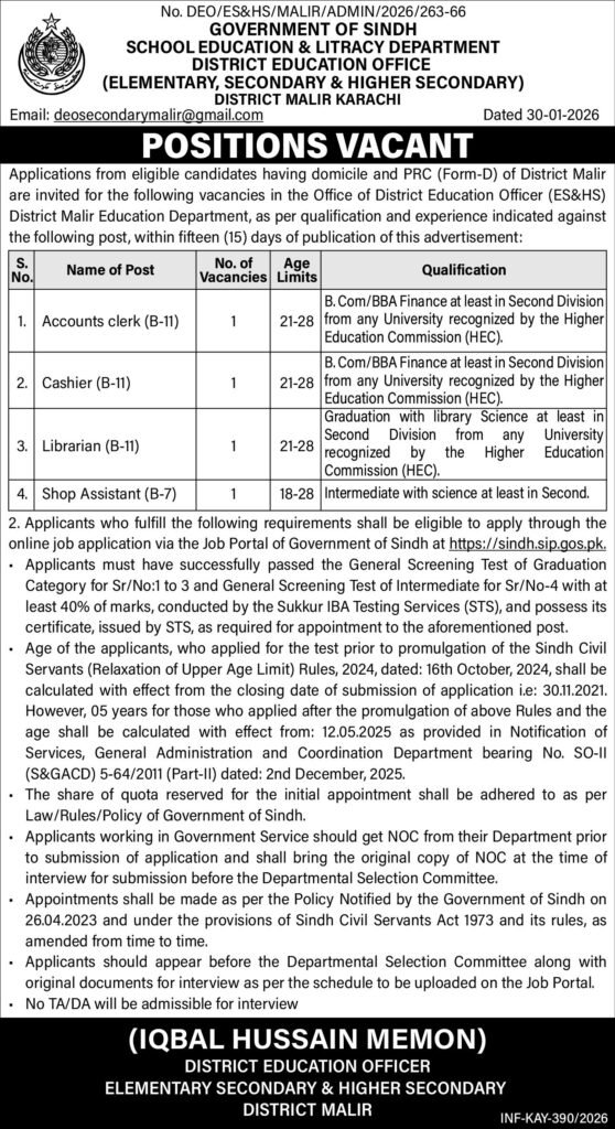 School Education Malir Jobs: Must-Have 2026 Apply Now