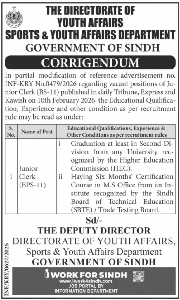 Junior Clerk Jobs 2026 For Director Of Youth Affairs Sindh 1 Junior Clerk Jobs 2026 For Director Of Youth Affairs Sindh