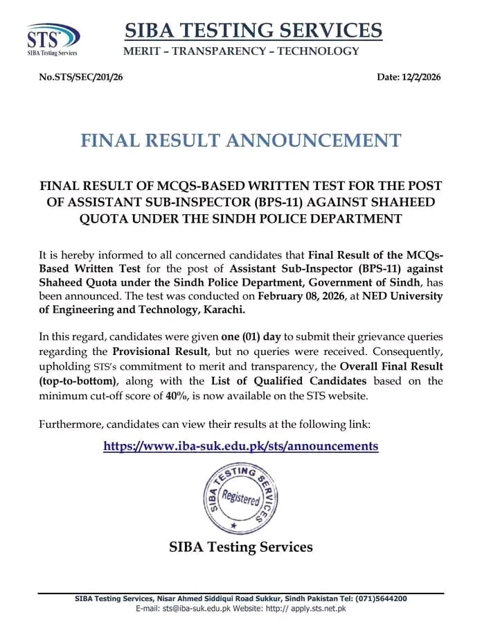 ASI BPS 11 Shaheed Qouta Sindh Police Jobs